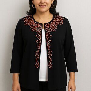 Ming Wang Womens 1x Black Coral Blazer Cardigan Sweater 3/4 Sleeve Open Front